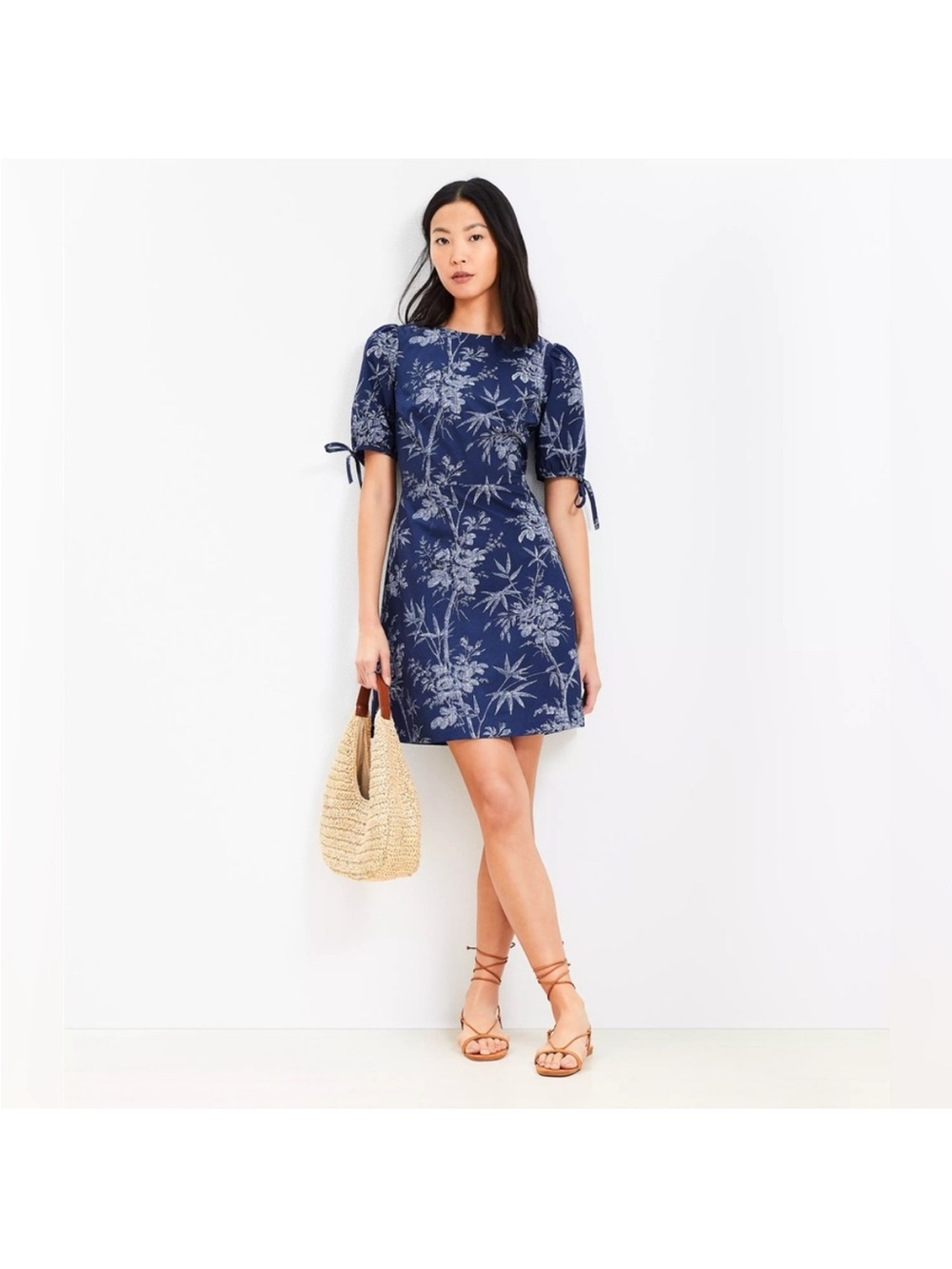 LOFT Navy Blue Floral Midi Dress with Light Gray Print